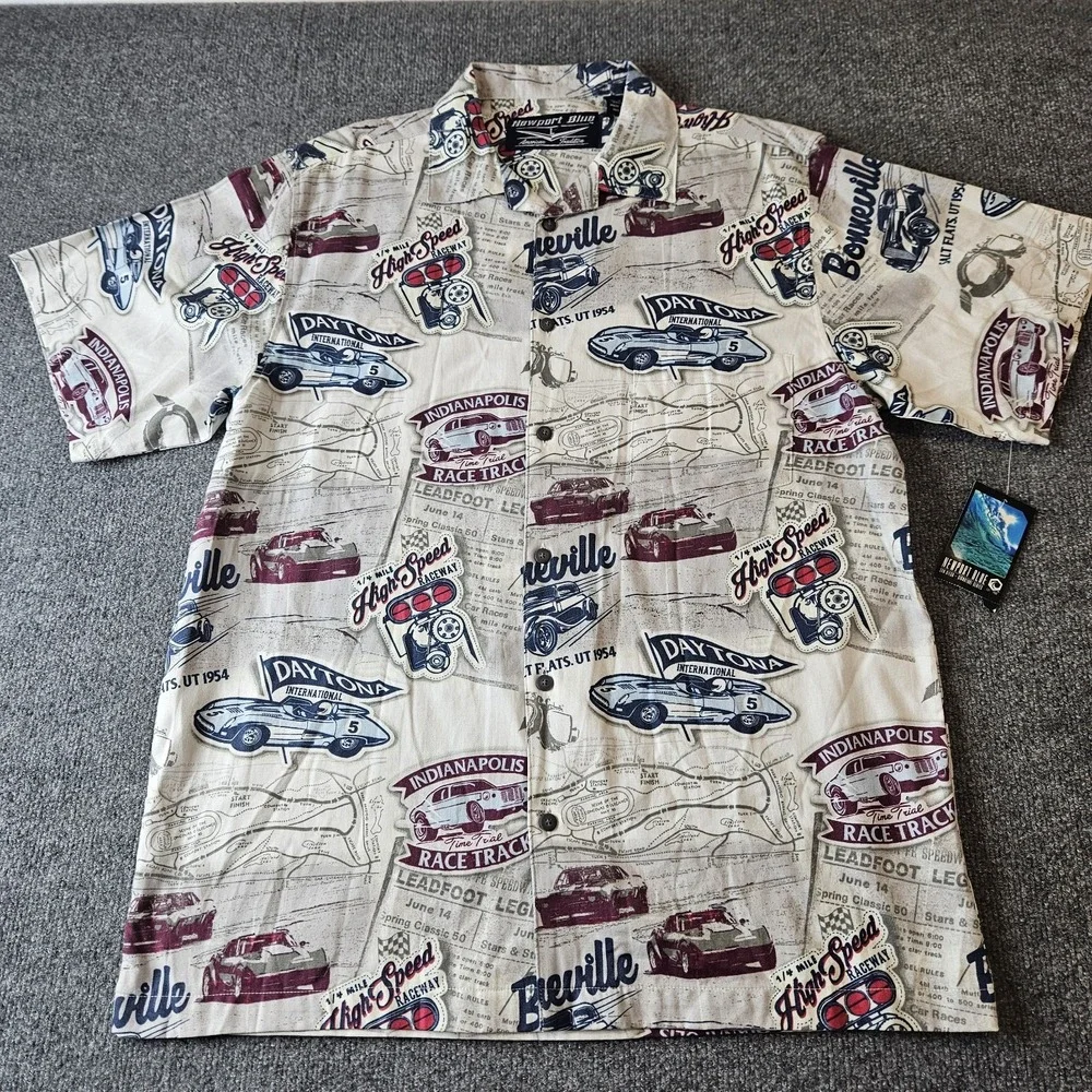 NWT Newport Blue Mens Hawaiian Aloha Shirt Size Large Speedway Daytona Indy - Picture 2 of 6